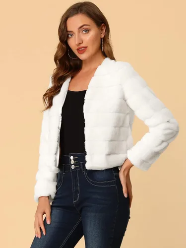 Vista 4 de Allegra K Chaqueta corta cálida de invierno para mujer, abrigo mullido de piel sintética sin cuello