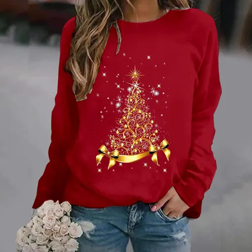 Vista 3 de Suéter de manga larga con cuello redondo y estampado Fa La La La para mujer, suéter enano para otoño, invierno, moda, Navidad, sudadera suave