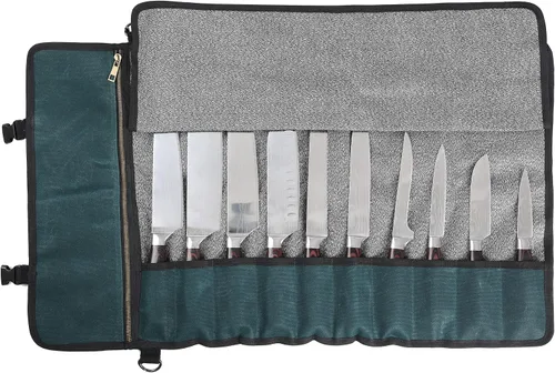 Vista 11 de Bolsa de rollo de cuchillo de lona encerada resistente, bolsa portátil para cuchillos de chef, duradera (verde militar)