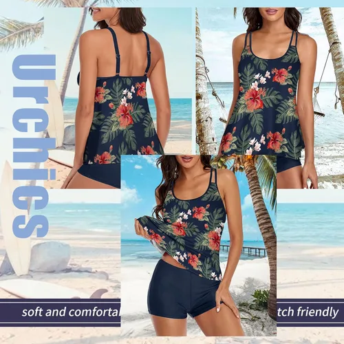 Vista 2 de Urchics - Traje de baño 2023, para mujer, tankini de dos piezas, con control de abdomen, camiseta fluida sin mangas, con short
