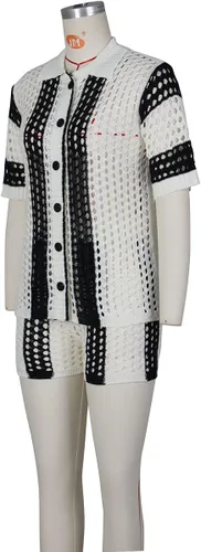 Vista 4 de Women 2 Piece Outfits Tracksuit Crochet Knit Short Sets Summer Short Sleeve Button Down Shirt and Shorts Set Sweatsuits
