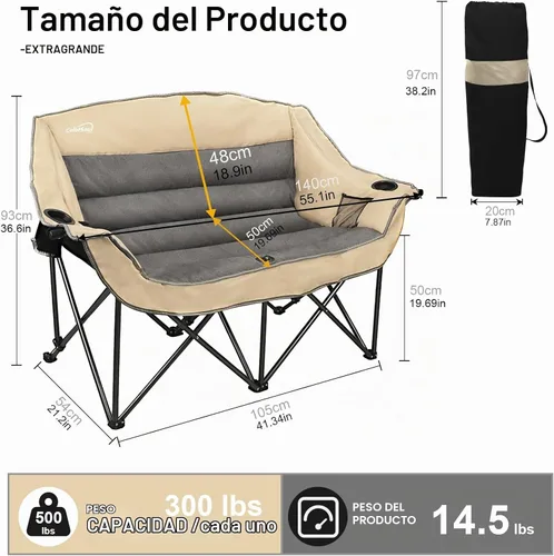 Vista 3 de Silla de campamento plegable doble totalmente acolchada, sofá de campamento de gran tamaño para 2 personas, sofá con soporte para tazas, soporte