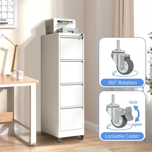 Vista 6 de Archivador de 4 cajones con ruedas, archivador de metal con cerradura y ruedas, almacenamiento rodante para oficina en casa, archivadores verticales