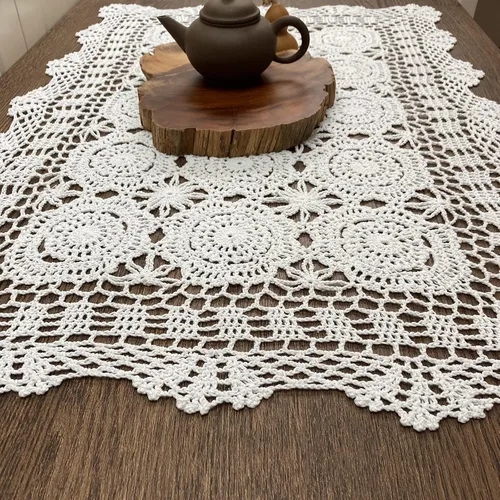 Vista 10 de Hsvanyr Mantel rectangular de algodón hecho a mano con encaje de ganchillo, 19 x 27 pulgadas, centros de mesa beige para comedor