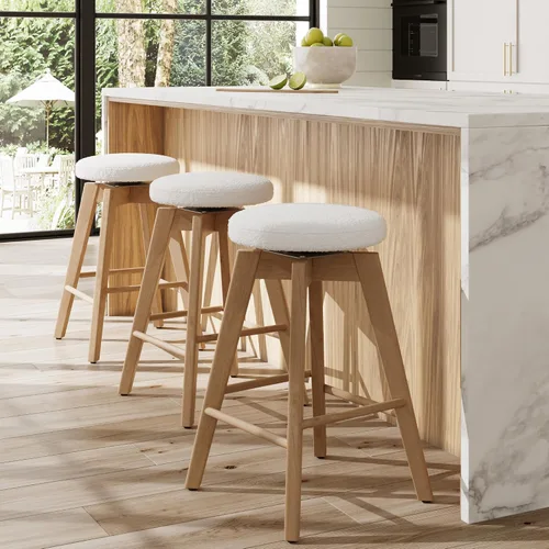 Vista 23 de Nathan James Barker Taburete de bar de altura de mostrador de madera maciza con cojín tapizado, taburete de isla sin respaldo con patas de madera