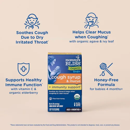 Vista 3 de Mommy's Bliss Jarabe orgánico para la tos y moco del bebé + apoyo inmunológico, contiene hojas de agave y hiedra, más de 4 meses, 1.67 onzas líquidas