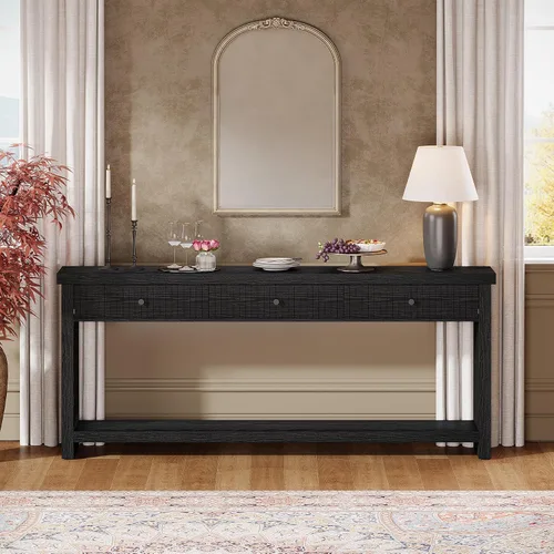 Vista 8 de Tribesigns Mesa consola de sofá de 70.9 pulgadas con 3 cajones, mesa de entrada extra larga con estantes de almacenamiento abiertos, mesa de sofá