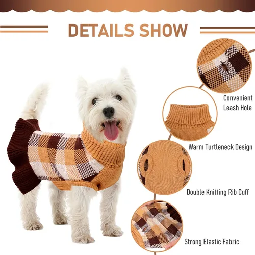 Vista 3 de Vestido suéter para perro, ropa de punto a cuadros para perros pequeños y medianos, cálido pullover de cuello alto elástico para cachorro y mascota