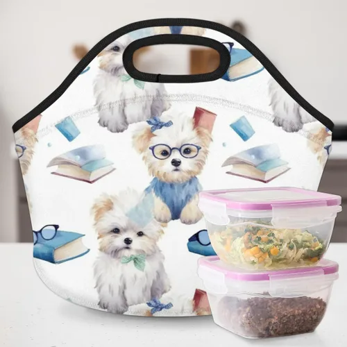 Vista 6 de Book Puppy - Bolsa de almuerzo de neopreno con aislamiento para mujeres y hombres, ideal para almuerzo, aperitivos y bebidas, duradera y fácil