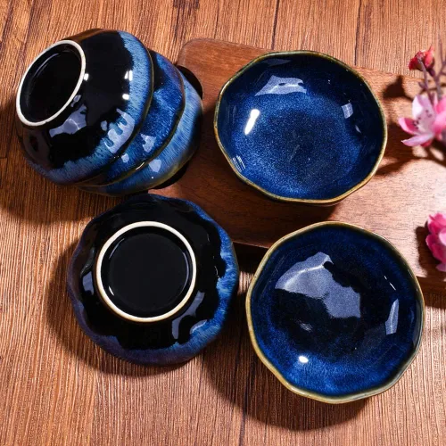Vista 8 de Juego de 6 platos de cerámica para salsa de soja para condimentos de sushi (horno azul)
