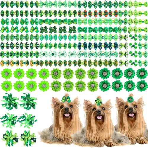 Vista 12 de Kacctyen 150 lazos para perros del día de San Patricio con bandas de goma, lazo para el pelo de perro Yorkie con flores del día de San Patricio
