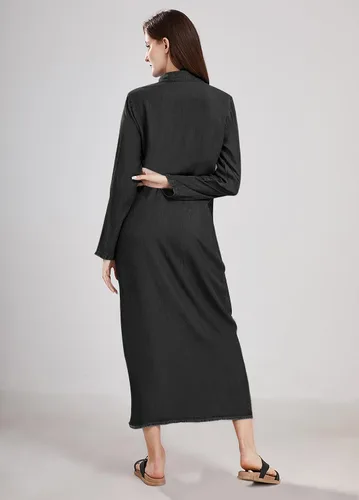 Vista 19 de utcoco Vestido largo casual de mezclilla con botones para mujer, con solapa, manga larga, con bolsillos