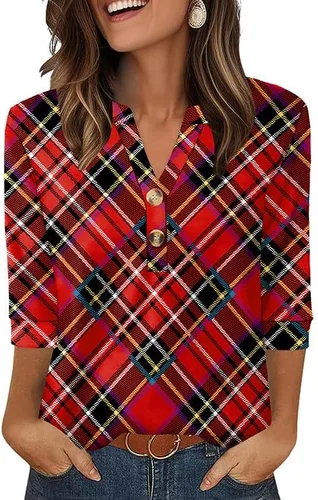 Vista 20 de OFEEFAN - Camisetas de manga 3/4 estilo Henley para mujer, blusas de moda de otoño 2025, atuendos escolares para maestras Raya