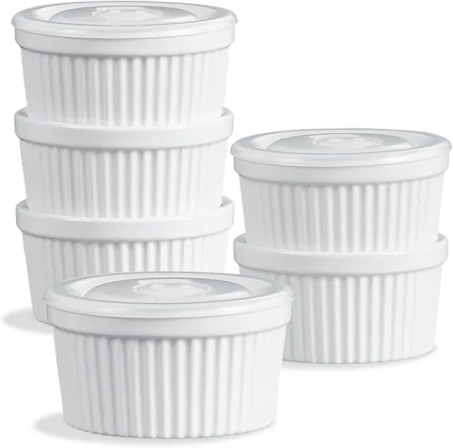 Vista 14 de ONEMORE Ramekins - Juego de 6 moldes aptos para horno, 4 onzas, cuencos de cerámica para souffle, natillas, salsa de inmersión, postre, microondas