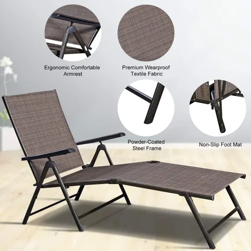 Vista 8 de COSTWAY Tumbona ajustable para piscina, sillón reclinable textileno, muebles de patio al aire libre