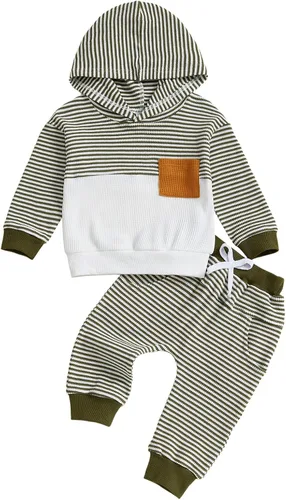 Vista 18 de Conjunto de ropa de otoño e invierno para bebé y niño, sudadera larga con capucha y pantalones para niños pequeños, 6, 12, 18, 24 meses, 2T Adorable