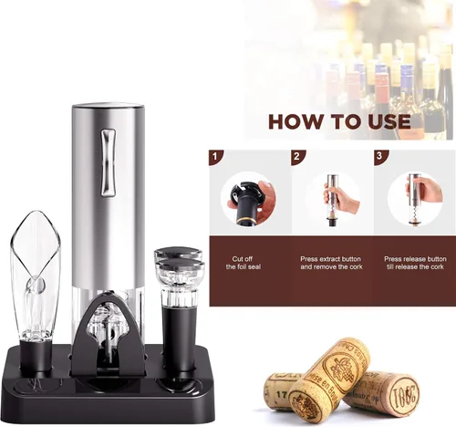 Vista 3 de COKUNST Juego de abridor de vino eléctrico con soporte, sacacorchos con carga USB, abrebotellas inalámbrico recargable de un clic con vertedor