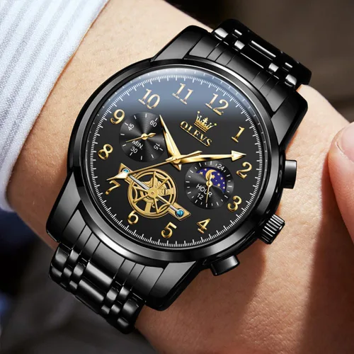 Vista 3 de OUPINKE Reloj para hombre analógico de cuarzo de acero inoxidable, impermeable, luminoso, fase lunar, cronógrafo, vestido de negocios de lujo