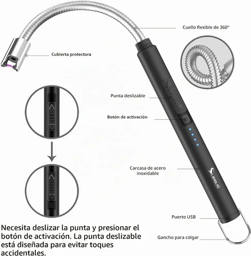 Vista 4 de Encendedor de velas eléctrico SUPRUS USB tipo C recargable, con carcasa de acero y gancho para colgar con cuello flexible de 360° (negro)