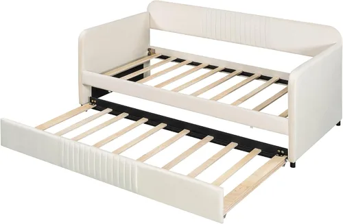 Vista 7 de Harper & Bright Designs Sofá cama tapizado tamaño individual con cama nido y listones de madera, beige
