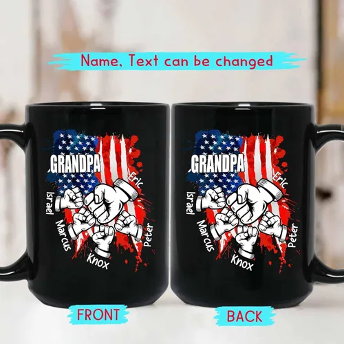 Vista 2 de Taza de café personalizada con la bandera estadounidense para el abuelo y el día del padre, nombres personalizados para papá y niños, taza