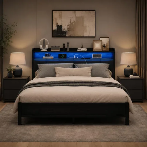 Vista 15 de IMMERSTABLE Base de cama individual con luces LED y estación de carga, cabecera de almacenamiento tapizada, plataforma de metal con listones