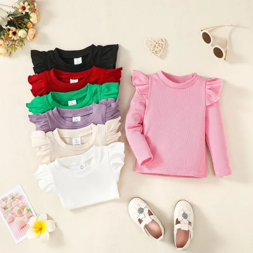 Vista 9 de OPAWO Camisetas de manga larga y corta con volantes para niña, blusa acanalada para niña, ropa para bebé, paquete de 2 unidades de 1 a 6 años