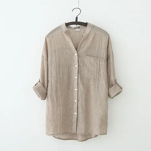 Vista 2 de Women's Roll-Up Cuffed HalfLong Sleeve Linen Shirts Blouse Solid Summer Cotton Tops Button Down V-Neck Blouse T Shirt