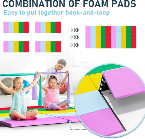 Vista 2 de Betterhood Gymnastics Mats for Tumbling Set of 2, 1.5" Thick Folding Exercise Mats w/Hook & Loop, Non-Slip Bottom & Carrying Handles, Rainbow