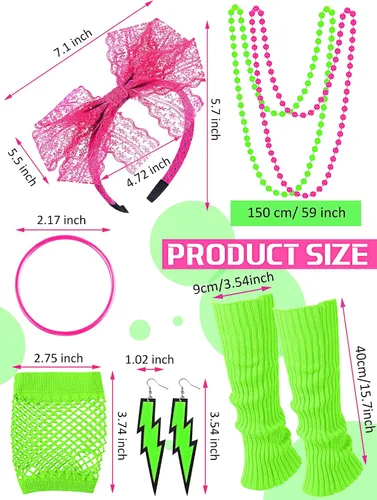 Vista 3 de Vabean Juego de 19 piezas de disfraz de los años 80, camiseta, leggings, falda tutú, diadema, collar, pulseras, aretes, guantes, calentadores