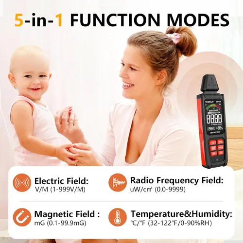 Vista 3 de Detector EMF, TEMIRUP 5 en 1 Medidor EMF Portátil Detector de Radiación, Detecta EF, RF, MF, Señal WiFi, Temperatura, Humedad, Lector EMF Recargable