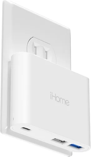 Vista 9 de iHome Bloque de cargador de pared multipuerto de 32 W, 3 puertos, 1 USB-C, 2 USB-A Fast Charging, Power Delivery, Foldable Prongs, Slim Flat