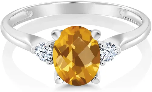 Vista 2 de Anillo de compromiso de oro blanco de 10 quilates con 3 piedras preciosas para mujer, piedra natal y zafiro blanco creado, ovalado de 0.315 x 0.236