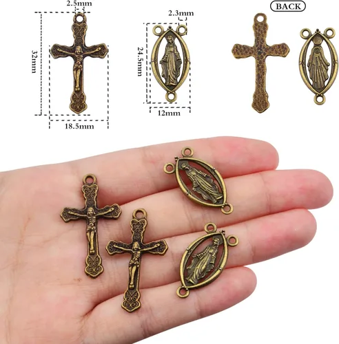 Vista 3 de 40 piezas de rosario de aleación tibetana con cruz y centro de María Milagrosa Medalla Jesús Crucifijo Crucifijo y eslabones ovalados de araña