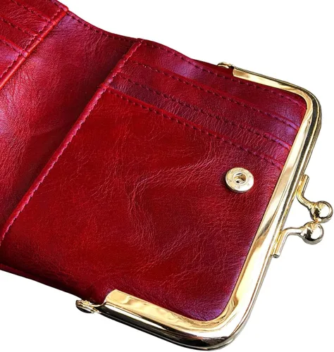 Vista 19 de AOXONEL Cartera para mujer, pequeña, Rfid, compacta, plegable, de piel, vintage, con cremallera y cierre de beso