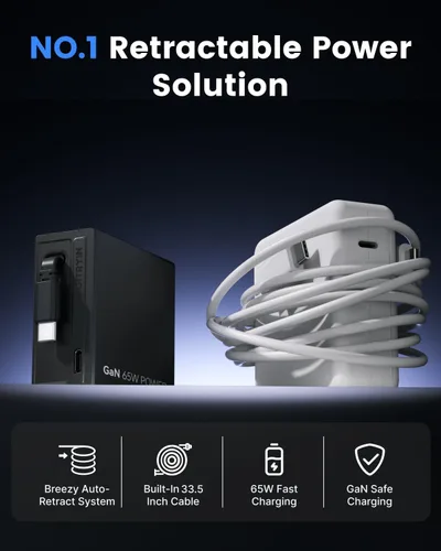 Vista 3 de Gitryin Cargador de pared USB C de 65 W con cable retráctil integrado, bloque de carga rápida plegable 2 en 1, artículos esenciales de viaje