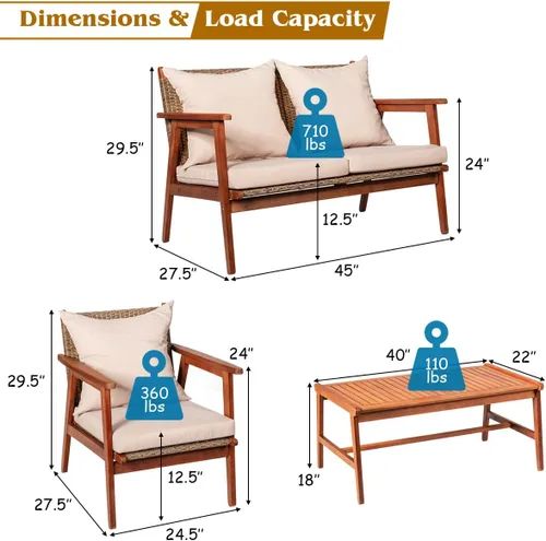 Vista 5 de Tangkula juego de 4 sofás de madera de patio, juego de asientos de madera de acacia para exterior con cojines y mesa de centro, juego de sofá