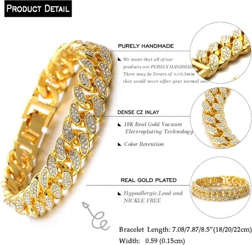Vista 3 de Halukakah Cadena de eslabones cubanos para hombres helados, cadena de oro para hombre de 0.591in, pulseras Miami de 7 pulgadas (7.1in) en chapado
