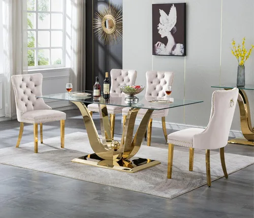 Vista 10 de SSLine Mesa de comedor de cristal dorado de 70 pulgadas para 4-6, base de Mesa de oro floral