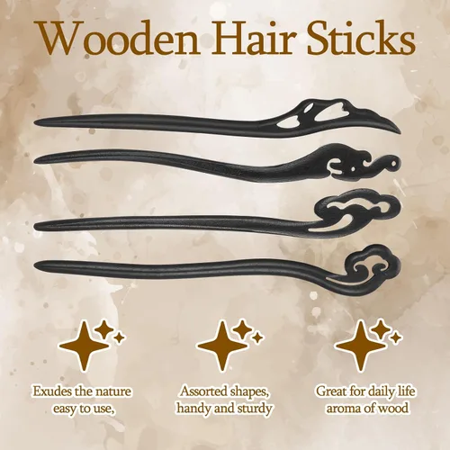 Vista 7 de 8 palillos de madera para el cabello, horquilla china, vintage, chignon, palillos hechos a mano para cabello largo, moños, accesorios Hanfu