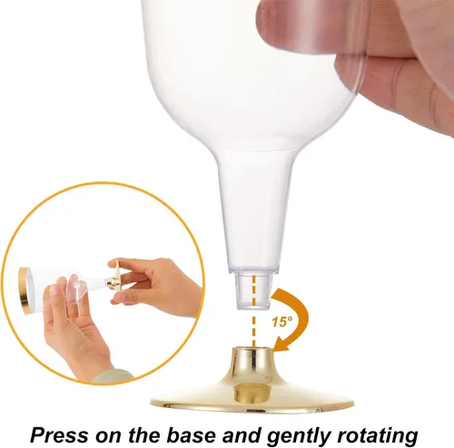 Vista 9 de N9R 30 copas de vino de plástico desechables, copas de borde dorado de 6 onzas con tallo Tazas doradas para tostar, copas de champán, resistentes