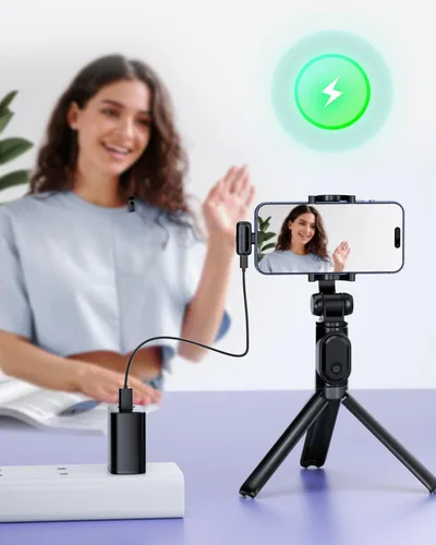 Vista 6 de T1 mini micrófono inalámbrico Lavalier para iPhone/Android/iPad, reducción de ruido de 3 niveles, duración de la batería de 30 horas, cambiador