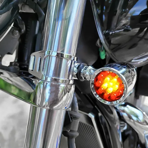 Vista 2 de DREAMIZER - Luces intermitentes para motocicleta cromadas, 15 LEDs, con forma de bala, luces indicadoras delanteras y traseras, luz roja ámbar, Luz