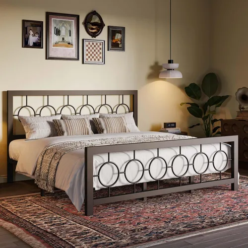 Vista 3 de SHA CERLIN Marco de cama de metal tamaño King con cabecera y pie de cama de diseño circular vintage, no requiere somier, fácil montaje, sin ruido