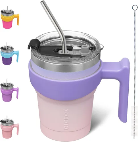 Vista 49 de BJPKPK Mini vaso de 10 onzas con tapa, popote y asa, taza de acero aislada