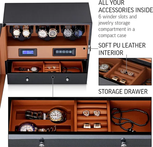 Vista 6 de 6 Watch Winder with Jewelry Storage Drawer, LCD Display, Touch Control and Interior Backlight