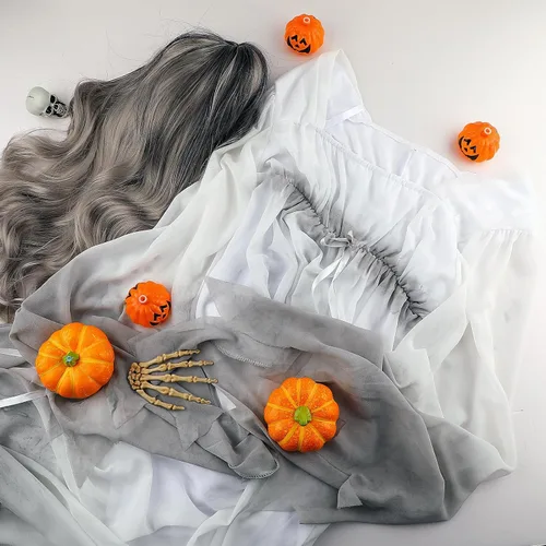 Vista 6 de Hercicy 2 piezas de disfraz de fantasma gótico y pelucas largas onduladas para disfraz, delicado vestido de novia muerta, peluca de fantasma rizado