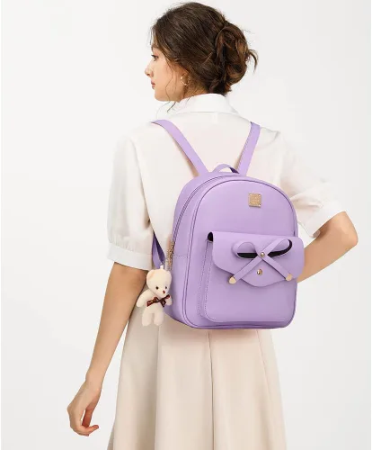 Vista 2 de MACCINELO Linda mochila de cuero para mujer, mochila pequeña con lazo para regalo de niñas, bolsa de hombro para mujer, 3