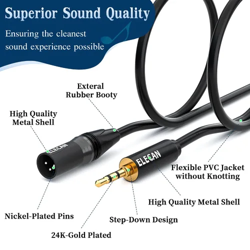 Vista 5 de Elecan Cable Auxiliar TRS Macho a XLR Macho de 3.5mm (1/8 Pulgada) de 4 Pies, Cable de Micrófono Estéreo Blindado Profesional Balanceado, Chapado