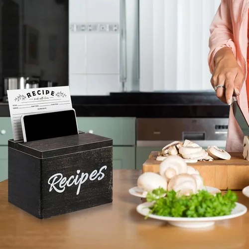 Vista 5 de Caja de recetas de madera con tarjetas, soporte para tarjetas de recetas de madera rústica con 50 piezas, juego de tarjetas de 5 x 7, caja
